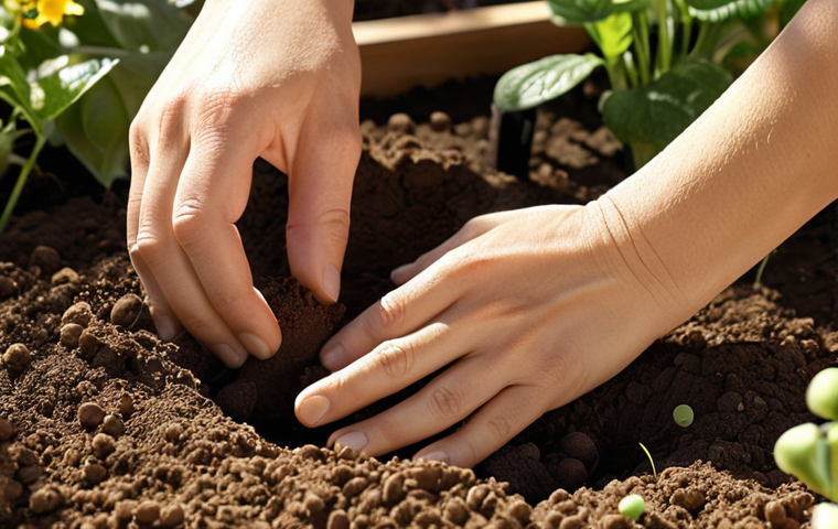 **A serene garden scene with hands gently touching soil, bathed in soft sunlight, depicting a sense of calm and connection with nature.** (Focus: Emphasize tranquility and the tactile experience of gardening).