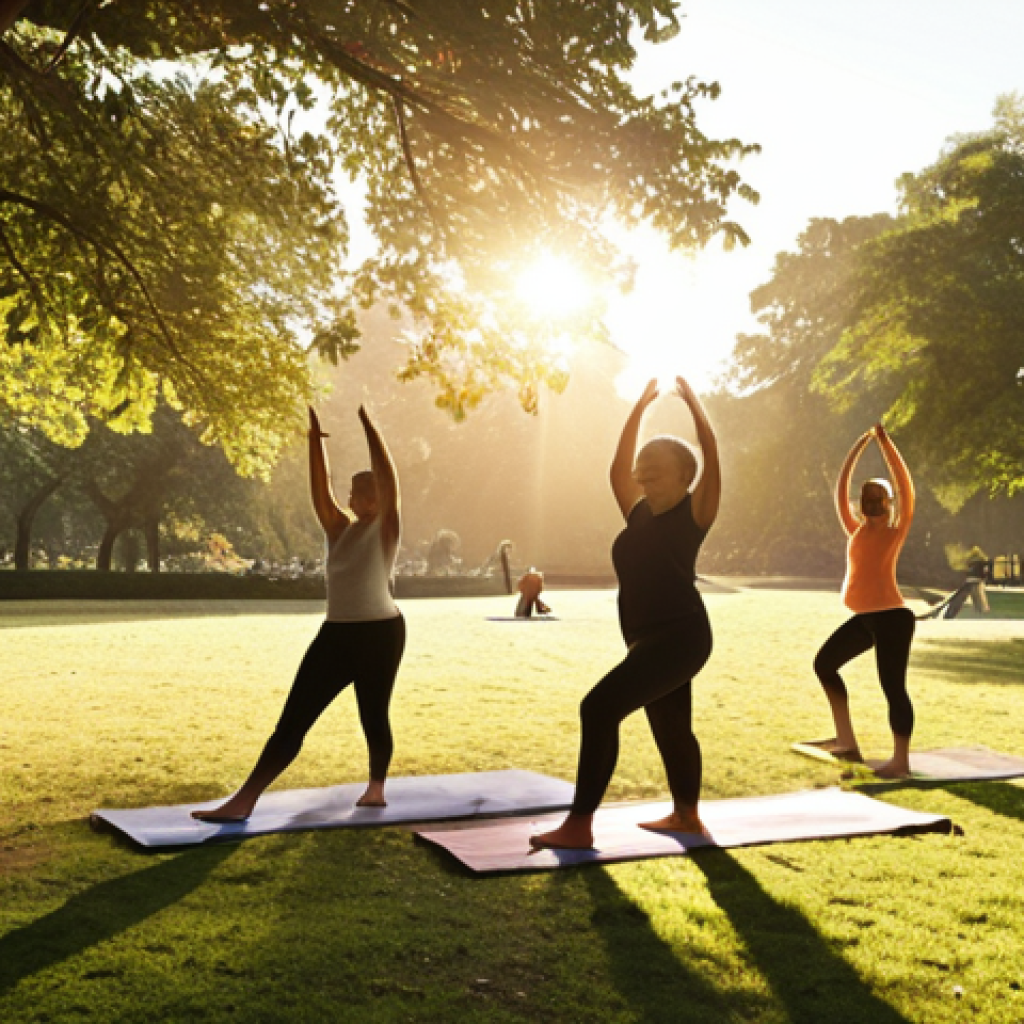 **A serene park scene, with people of various ages engaging in gentle exercise like walking, stretching, and yoga. Golden hour lighting, emphasizing a sense of peace and well-being. Focus on natural elements and a relaxed atmosphere.**