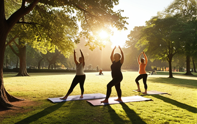 **A serene park scene, with people of various ages engaging in gentle exercise like walking, stretching, and yoga. Golden hour lighting, emphasizing a sense of peace and well-being. Focus on natural elements and a relaxed atmosphere.**