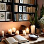 **

A calm and organized personal refuge. Soft colors, plants, aromatic candles, and a bowl of coarse salt. Inspiring books and cherished mementos are displayed.

**