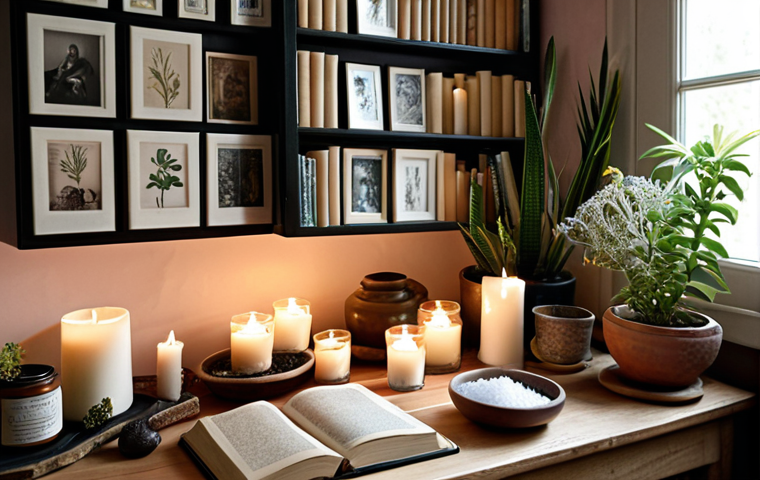 **
A calm and organized personal refuge. Soft colors, plants, aromatic candles, and a bowl of coarse salt. Inspiring books and cherished mementos are displayed.
**