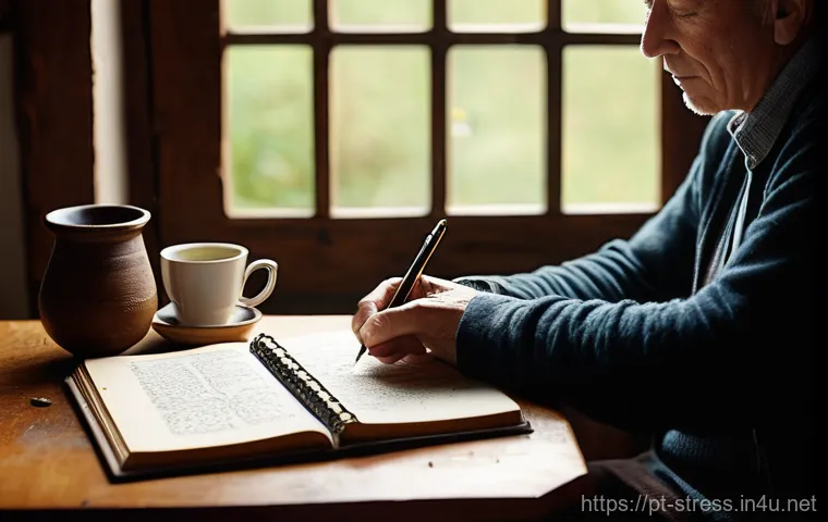 스트레스 해소를 위한 글쓰기 - **Prompt:** A person, of indeterminate age, comfortably seated at a rustic wooden desk, bathed in so...