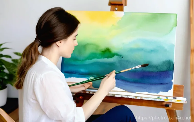 스트레스 해소를 위한 아트 테라피 - Solace in Abstract Colors**
A serene young woman, appearing to be in her mid-20s, with a gentle, fo...