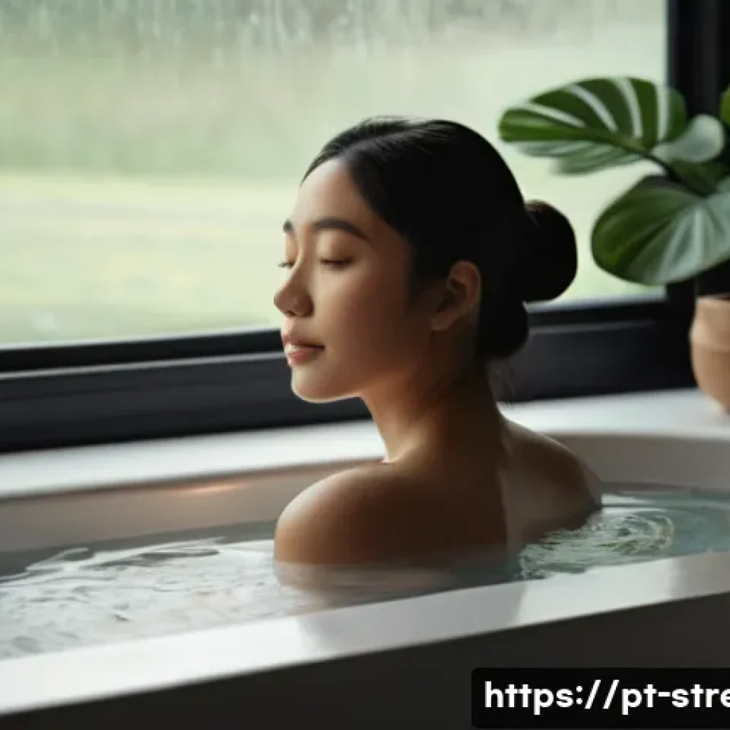 스트레스 해소를 위한 체온 조절법 - **A Calming Hot Bath Ritual:** A person, gracefully depicted from the shoulders up, with their back ...