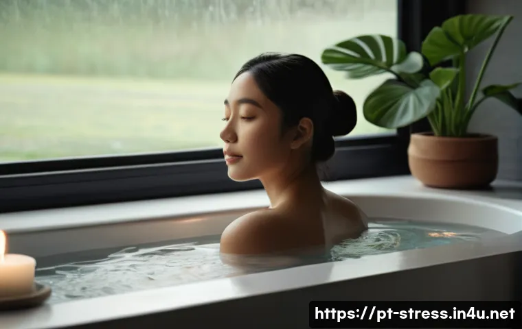 스트레스 해소를 위한 체온 조절법 - **A Calming Hot Bath Ritual:** A person, gracefully depicted from the shoulders up, with their back ...