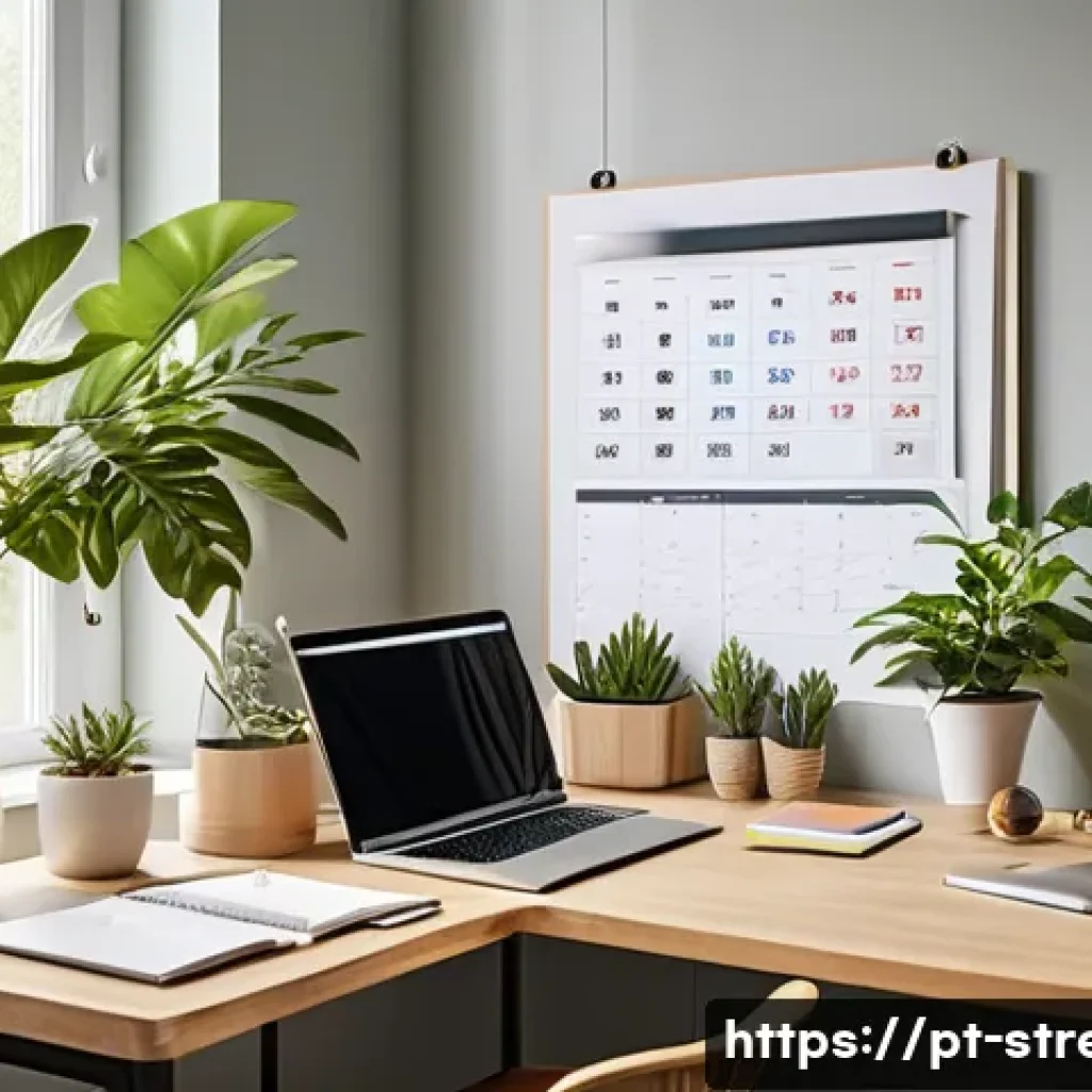 스트레스 해소법 업무 스트레스 관리법 - A modern office workspace bathed in natural sunlight, featuring a tidy desk with organized digital c...