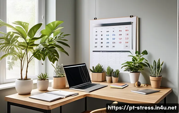 스트레스 해소법  업무 스트레스 관리법 - A modern office workspace bathed in natural sunlight, featuring a tidy desk with organized digital c...