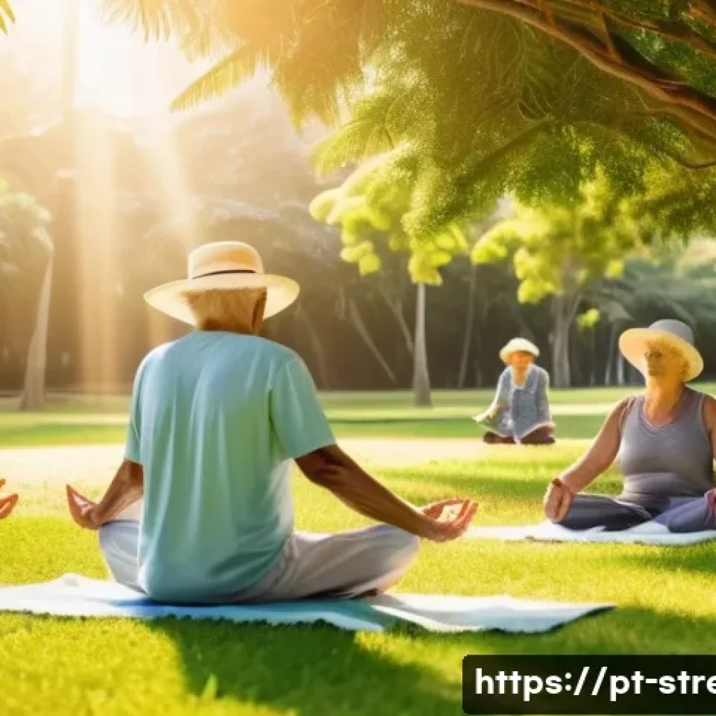 스트레스 해소를 위한 햇볕 받기 - A serene morning scene in a lush urban park in Brazil, featuring a diverse group of adults and elder...
