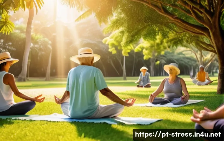 스트레스 해소를 위한 햇볕 받기 - A serene morning scene in a lush urban park in Brazil, featuring a diverse group of adults and elder...