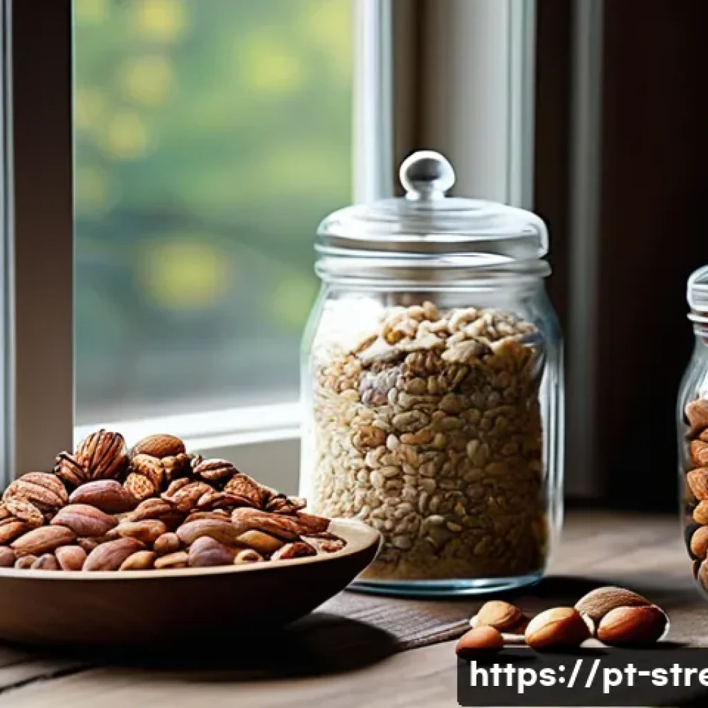 스트레스 해소에 좋은 음식   견과류 - A vibrant, cozy kitchen scene featuring a diverse spread of nuts and seeds including walnuts, almond...