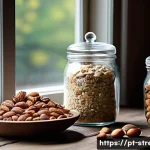 Home 20 스트레스 해소에 좋은 음식 견과류 - A vibrant, cozy kitchen scene featuring a diverse spread of nuts and seeds including walnuts, almond...