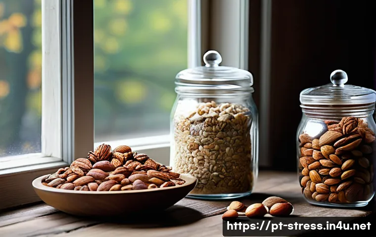 스트레스 해소에 좋은 음식   견과류 - A vibrant, cozy kitchen scene featuring a diverse spread of nuts and seeds including walnuts, almond...