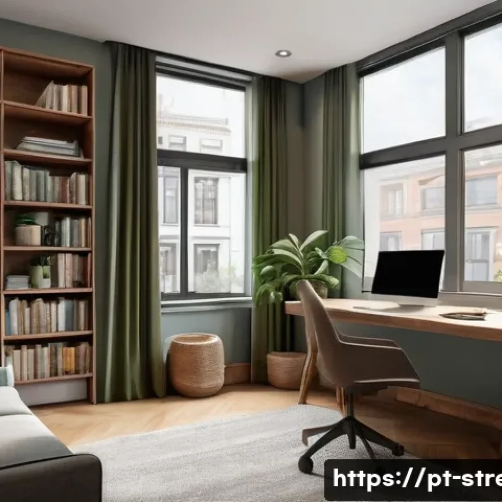 스트레스 해소법  환경 스트레스 다루기 - A peaceful urban home office interior designed for noise reduction and mental calm, featuring heavy ...