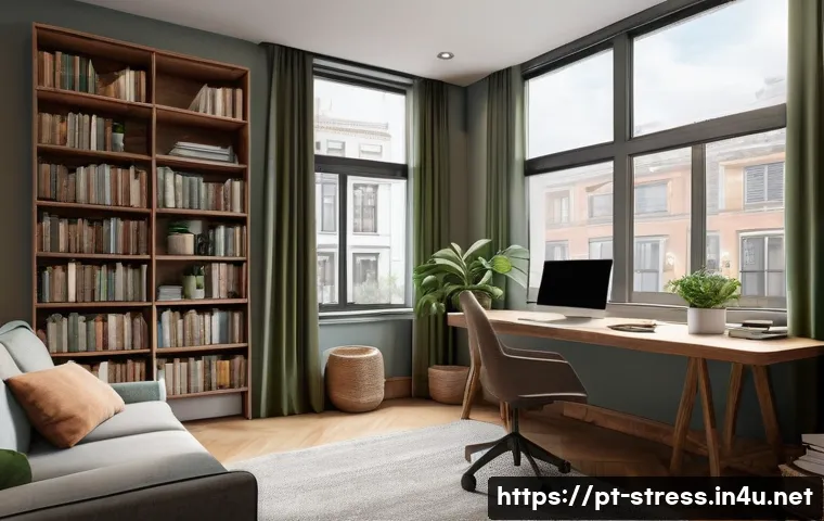 스트레스 해소법  환경 스트레스 다루기 - A peaceful urban home office interior designed for noise reduction and mental calm, featuring heavy ...