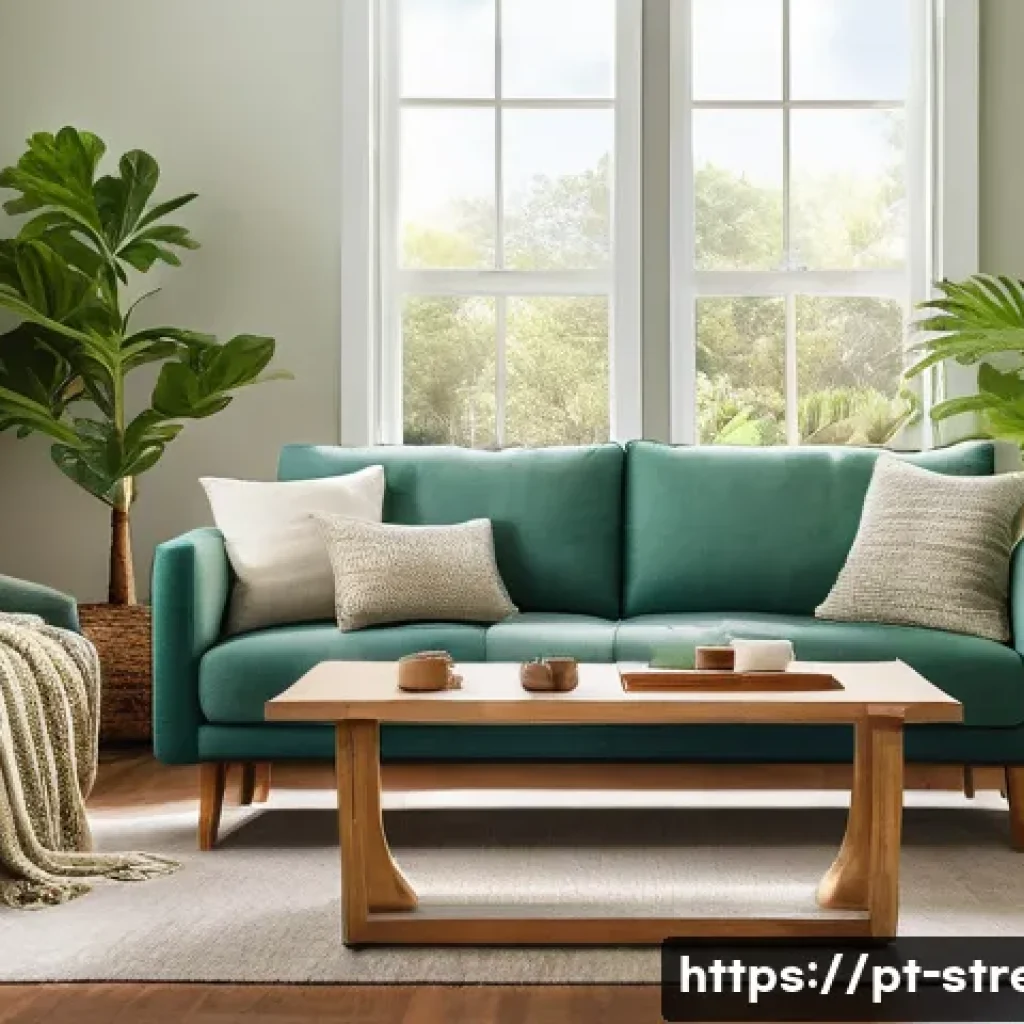 스트레스 해소를 위한 환경 설정 - A serene living room painted in soft teal blue-green tones, featuring natural wood furniture, plush ...