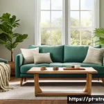 Home 18 스트레스 해소를 위한 환경 설정 - A serene living room painted in soft teal blue-green tones, featuring natural wood furniture, plush ...