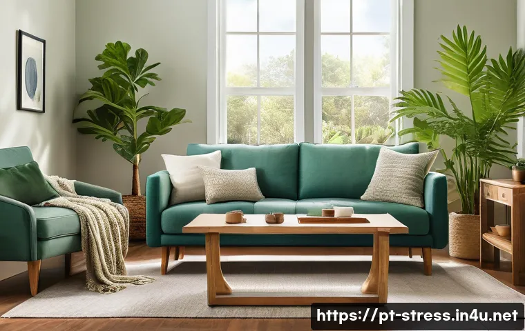스트레스 해소를 위한 환경 설정 - A serene living room painted in soft teal blue-green tones, featuring natural wood furniture, plush ...
