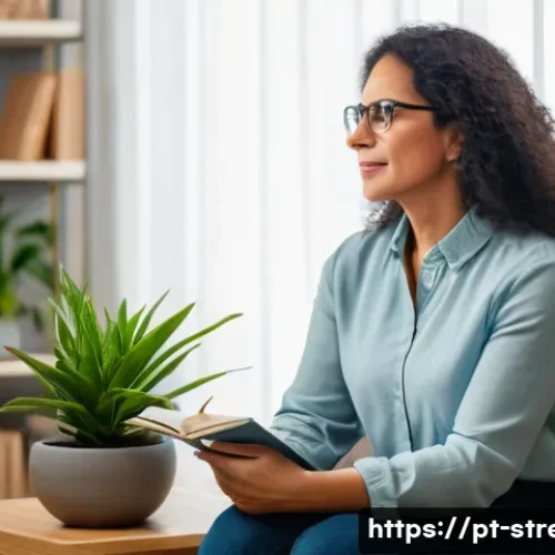 Home 29 스트레스 해소법 전문가의 도움 받기 - A calm and cozy therapy session scene featuring a middle-aged Latin American woman sitting comfortab...