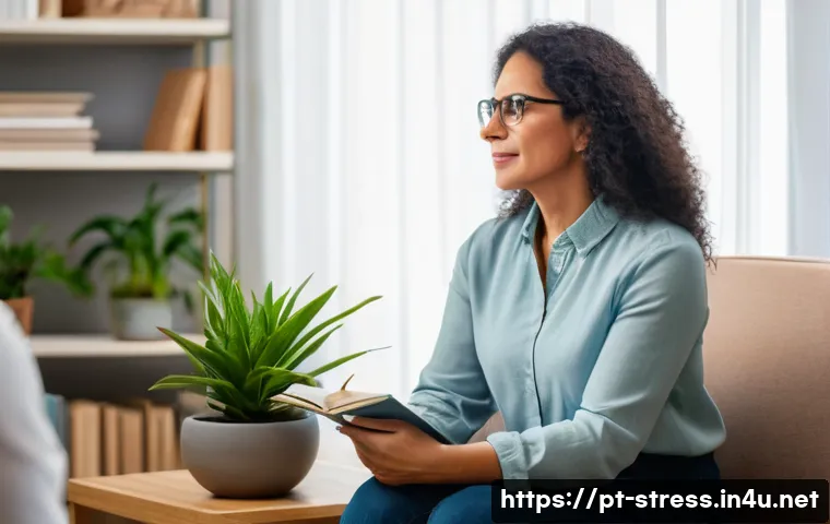 스트레스 해소법  전문가의 도움 받기 - A calm and cozy therapy session scene featuring a middle-aged Latin American woman sitting comfortab...