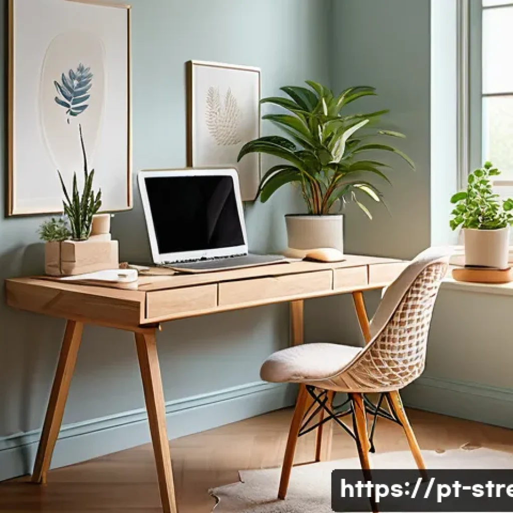 스트레스 해소법  스트레스를 받지 않는 환경 만들기 - A serene home office space bathed in warm natural sunlight streaming through large unobstructed wind...