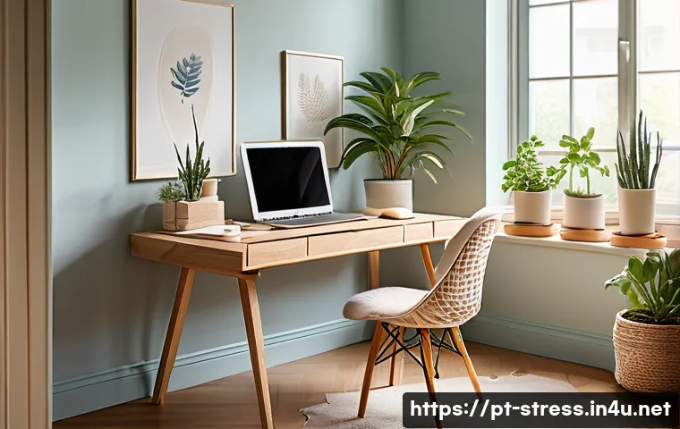 스트레스 해소법  스트레스를 받지 않는 환경 만들기 - A serene home office space bathed in warm natural sunlight streaming through large unobstructed wind...