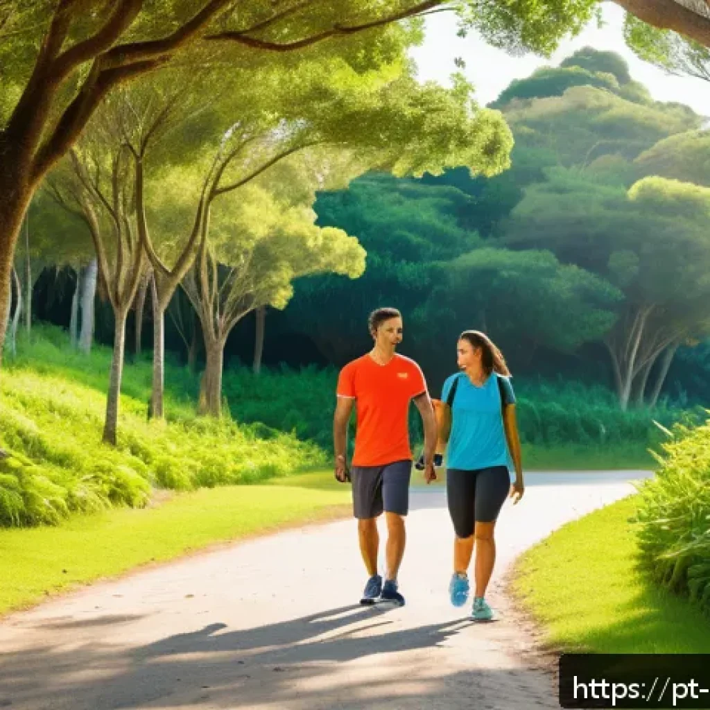 스트레스 해소를 위한 유산소 운동 - A vibrant outdoor scene in a sunny Brazilian park featuring a diverse group of adults casually walki...