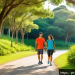 Home 21 스트레스 해소를 위한 유산소 운동 - A vibrant outdoor scene in a sunny Brazilian park featuring a diverse group of adults casually walki...