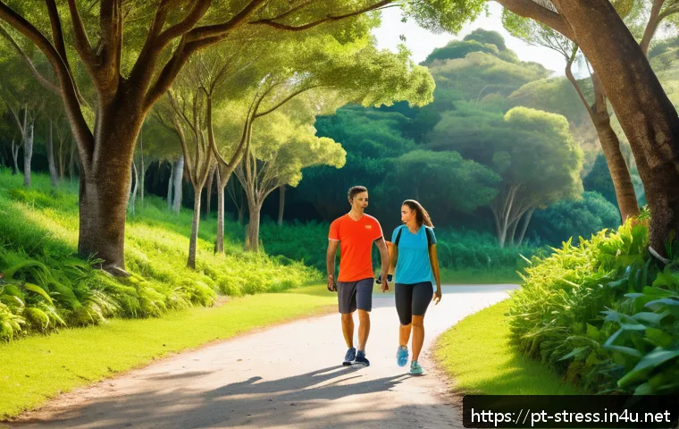 스트레스 해소를 위한 유산소 운동 - A vibrant outdoor scene in a sunny Brazilian park featuring a diverse group of adults casually walki...