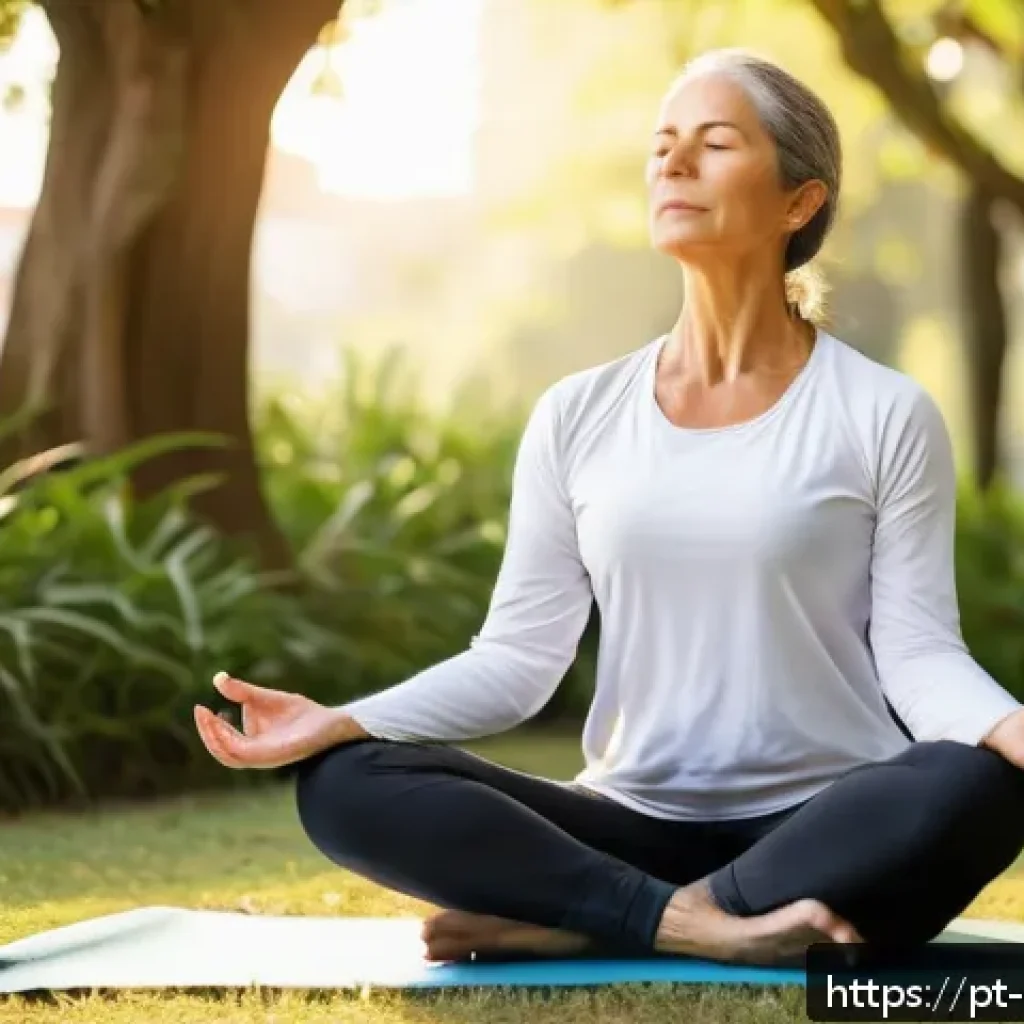 스트레스 해소를 위한 명상 - A serene scene of a middle-aged woman practicing conscious deep breathing outdoors in a sunny urban ...