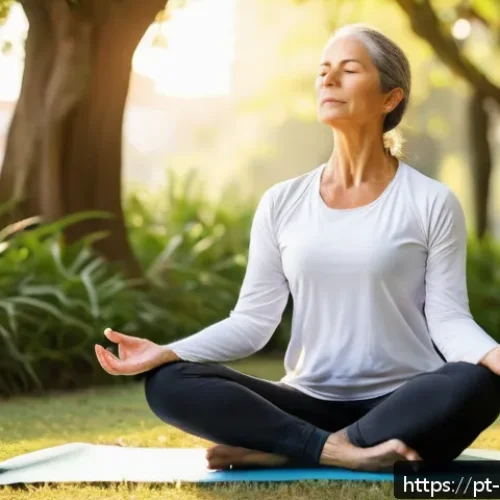 Home 16 스트레스 해소를 위한 명상 - A serene scene of a middle-aged woman practicing conscious deep breathing outdoors in a sunny urban ...