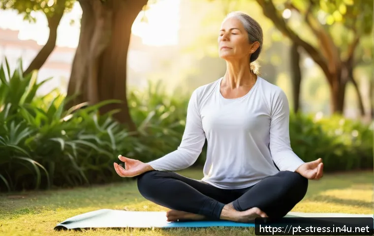 스트레스 해소를 위한 명상 - A serene scene of a middle-aged woman practicing conscious deep breathing outdoors in a sunny urban ...